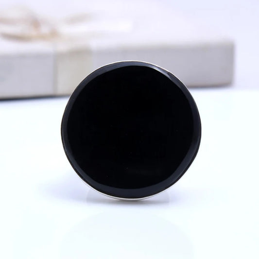 925 Sterling Silver Natural Black Onyx Big Round Solid Handmade Gemstone Ring